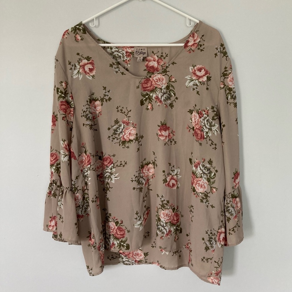 Beige Bell Sleeve Top w/ Roses | XL